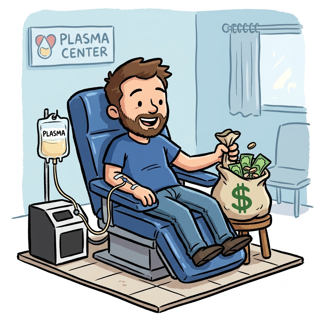 Donor relaxing in a plasma donation chair with a bag of cash